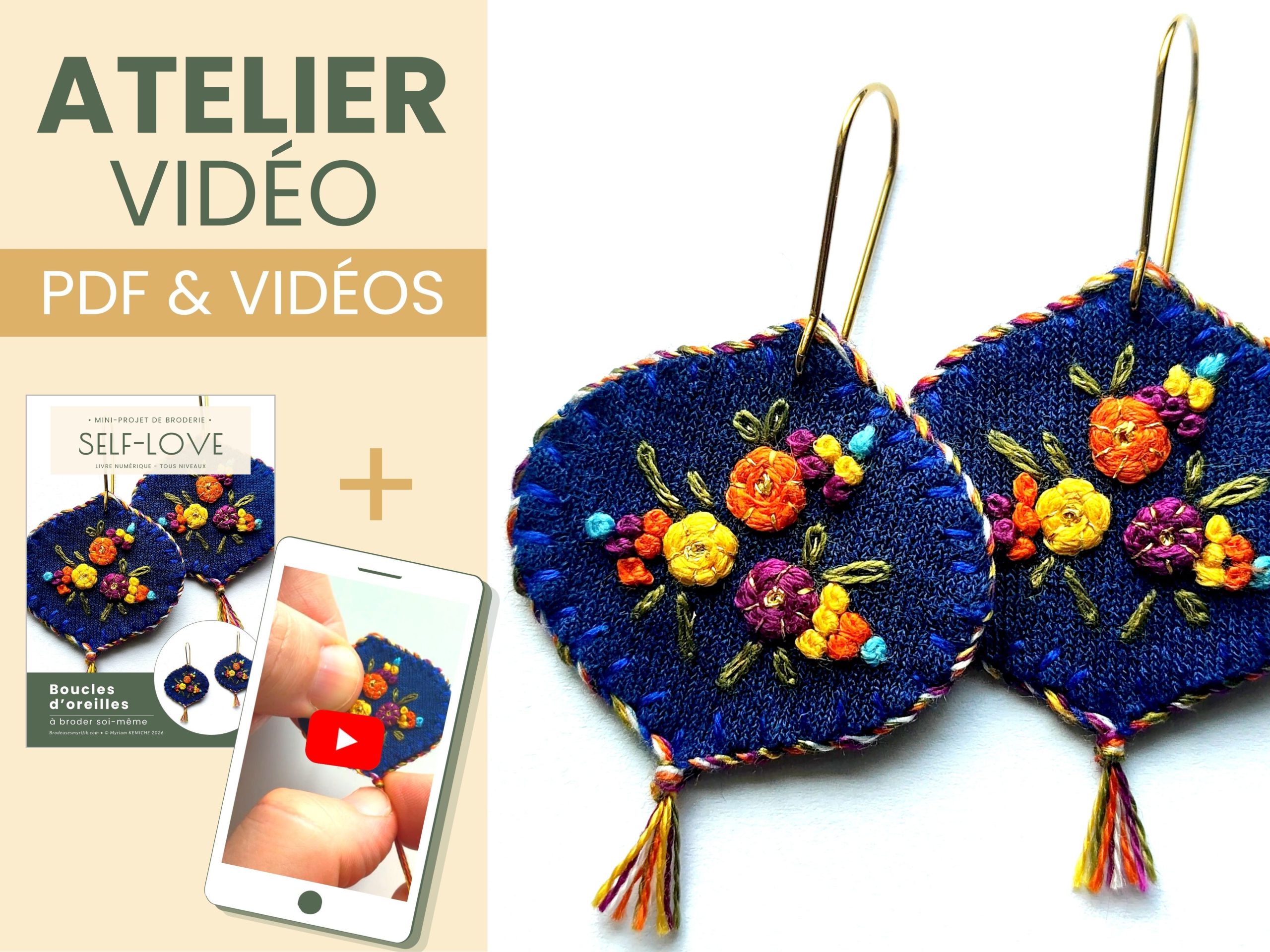 Atelier de broderie en ligne patron pas-à-pas modèle SELF LOVE boucles d’oreilles à broder bijoux brodés idée créative diy